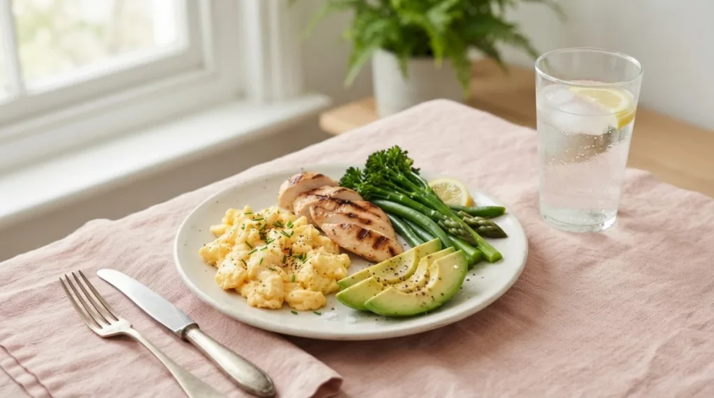 Alimentação com Mounjaro: prato pequeno com ovos, frango, legumes e abacate, ao lado de um copo de água