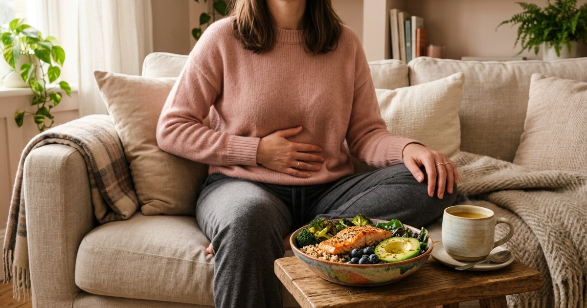 Alimentação para endometriose: mulher com a mão no abdômen e prato anti-inflamatório com salmão, folhas e frutas vermelhas
