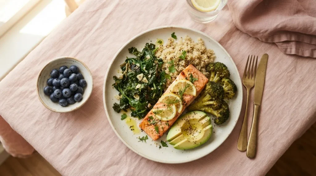 Alimentação para endometriose: prato anti-inflamatório com salmão, quinoa, folhas verdes, brócolis e frutas vermelhas Alimentação para endometriose: prato anti-inflamatório com salmão, quinoa, folhas verdes, brócolis e frutas vermelhas