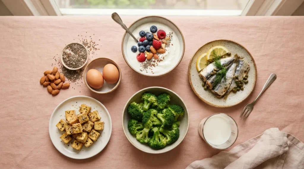 Alimentos que ajudam na menopausa: iogurte, sardinha, brócolis, tofu, ovos, castanhas e sementes