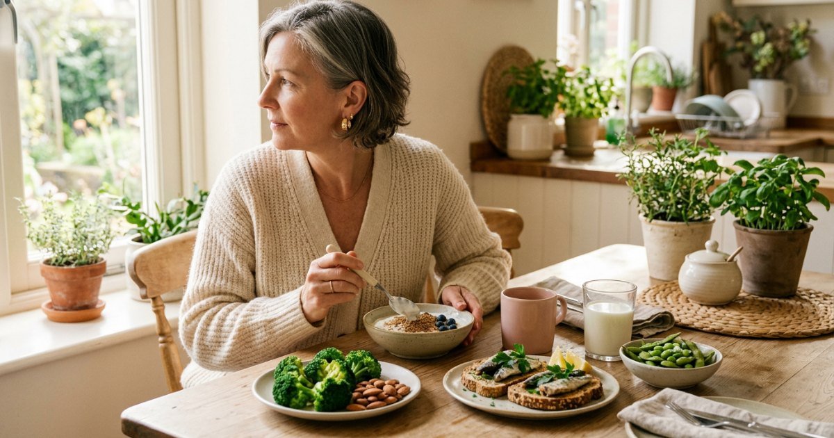 Alimentos que ajudam na menopausa: mulher de 50 anos à mesa com iogurte, linhaça, soja, sardinha, brócolis e castanhas