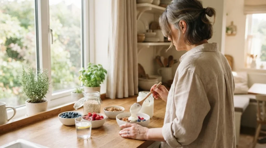 Mulher na menopausa preparando café da manhã com iogurte, frutas e aveia