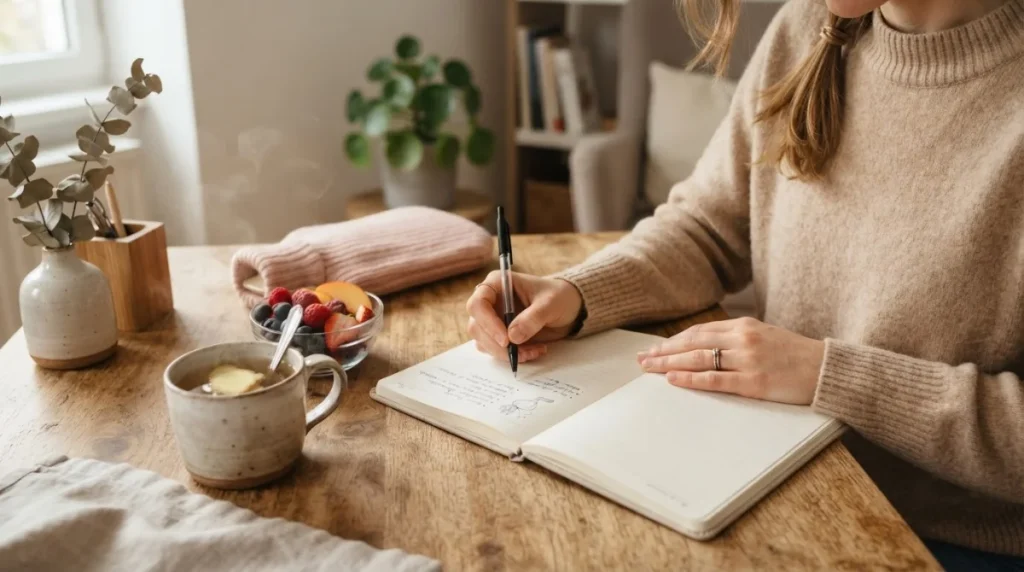 Mulher anotando alimentação e sintomas da endometriose em um diário, ao lado de chá e frutas Mulher anotando alimentação e sintomas da endometriose em um diário, ao lado de chá e frutas